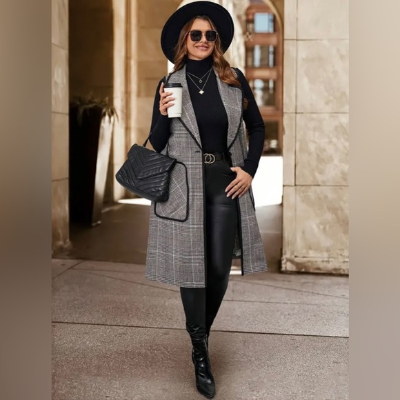 New Plus Plaid Pocket Contrasting Border Long Pants Sleeveless Vest Jacket NWT - Picture 8 of 16